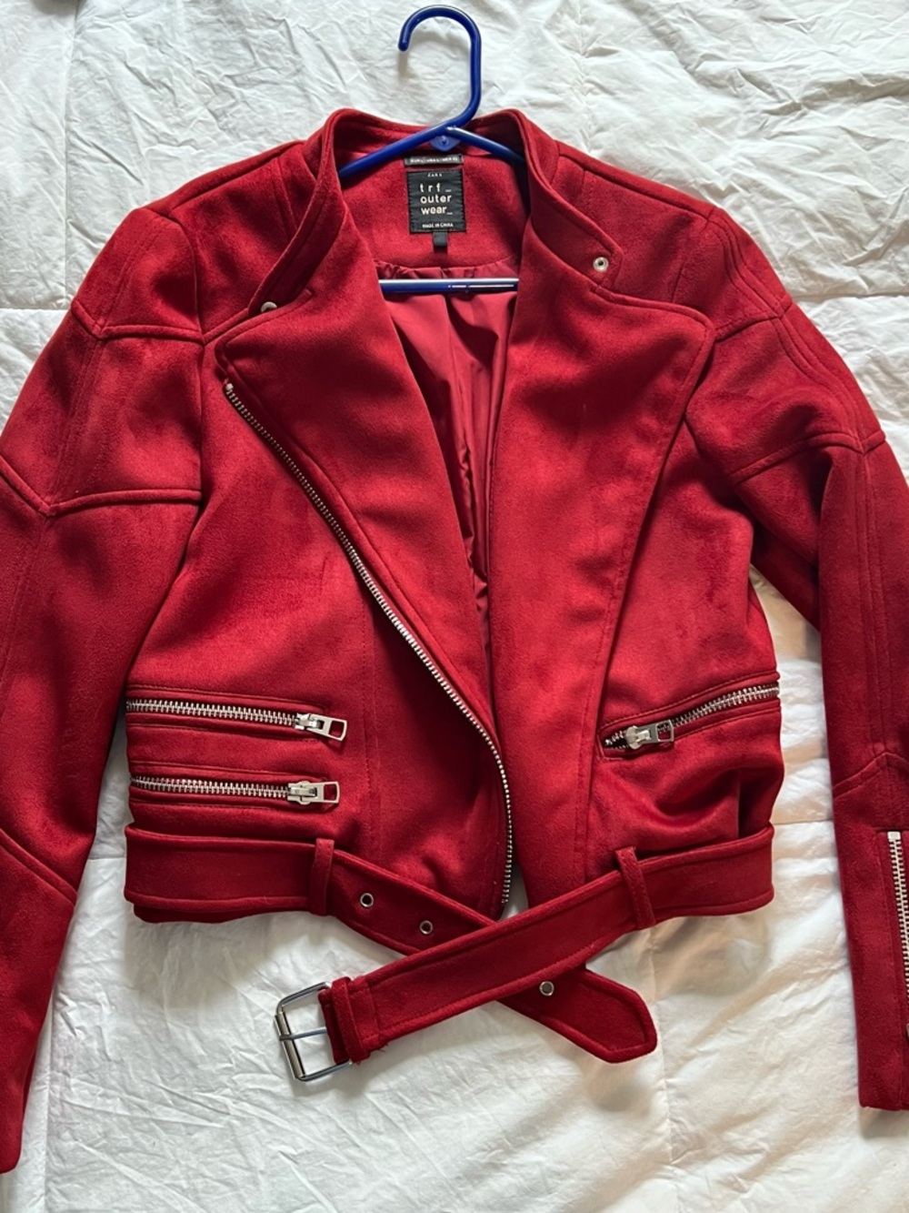 🚨 PRICE DROP🚨 Zara Suede Red Belted Moto Jacket with Silver Zippers